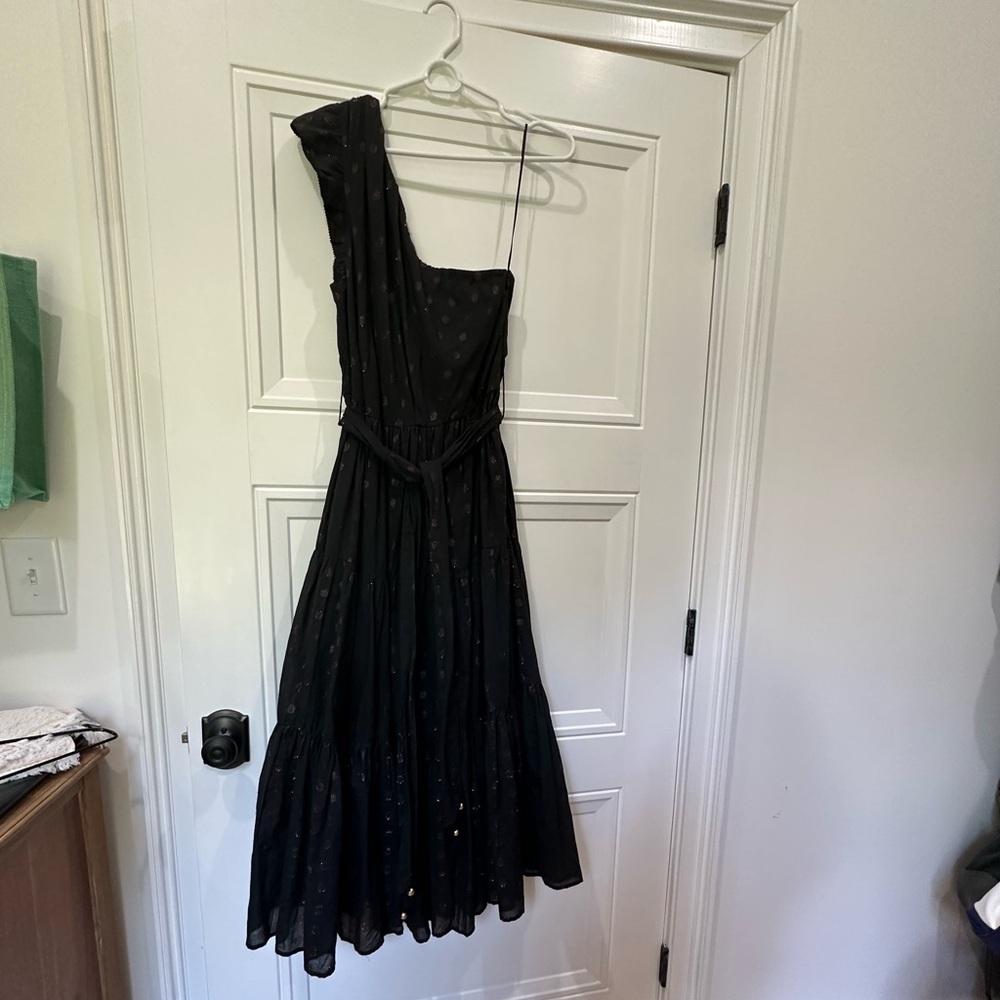 Karina Grimaldi one-shoulder black dress with monochromatic metallic dots. NWT